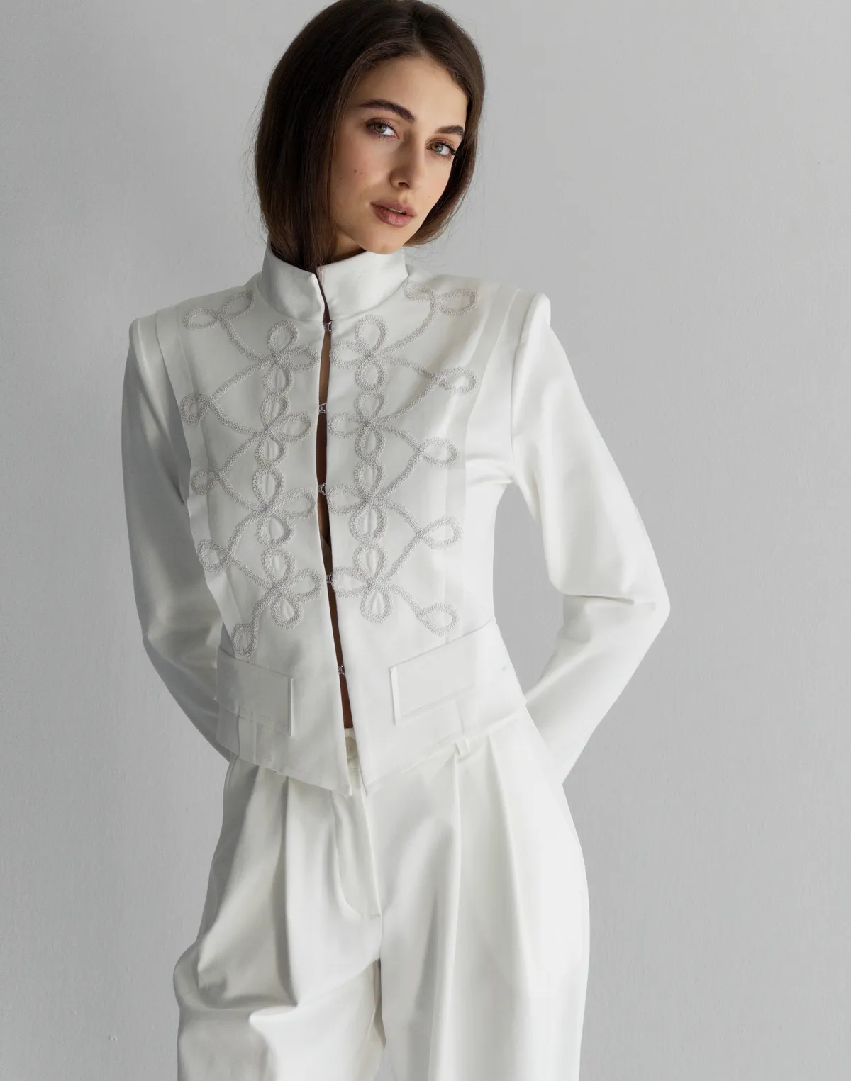 Жакет вкорочений в азійському стилі, молочний - Фото 6