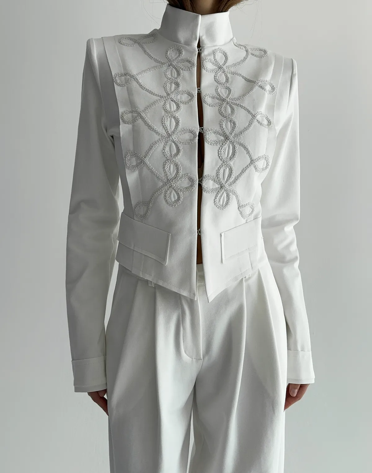 Жакет вкорочений в азійському стилі, молочний - Фото 4