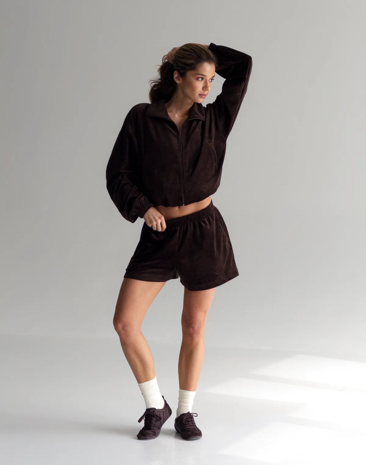 Комплект велюровий літній зіпер та шорти вільного крою міні, шоколадні - Фото 5