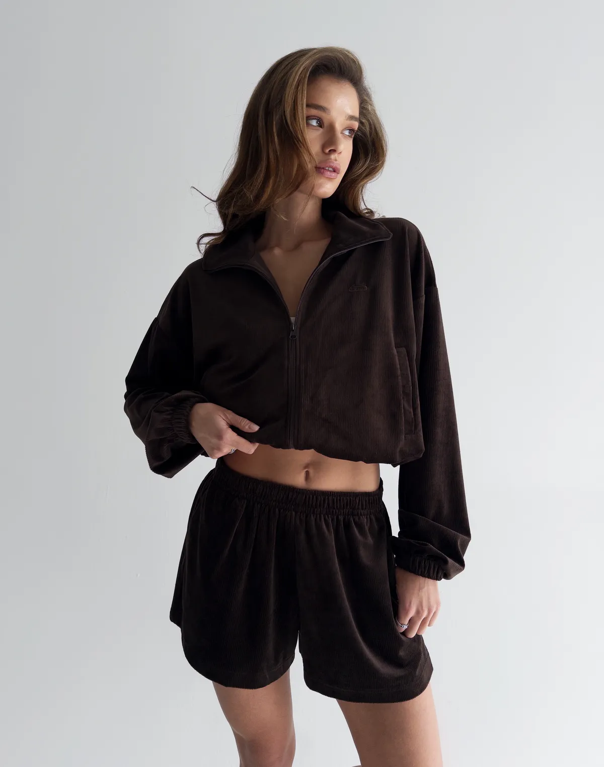 Комплект велюровий літній зіпер та шорти вільного крою міні, шоколадні - Фото 8