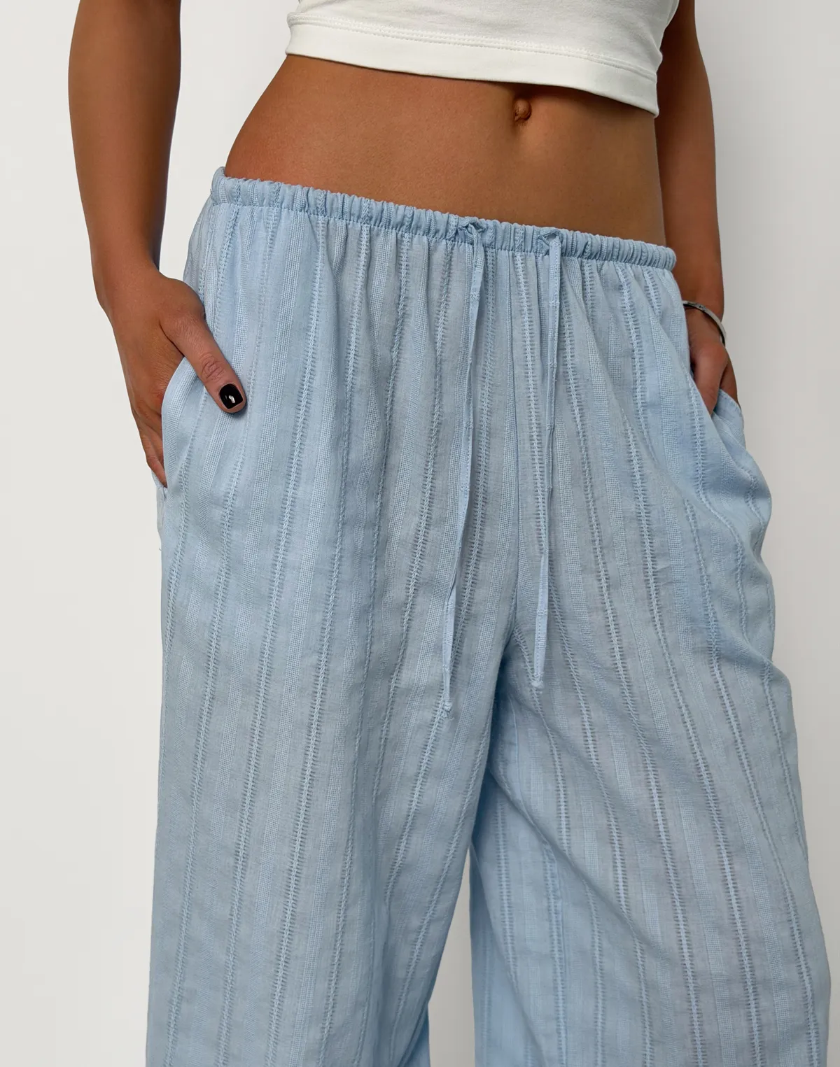 Штани вільного крою у піжамному стилі  з текстурованої тканини, блакитні - Фото 5