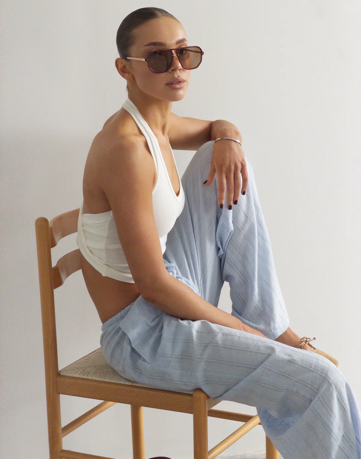 Штани вільного крою у піжамному стилі  з текстурованої тканини, блакитні - Фото 3