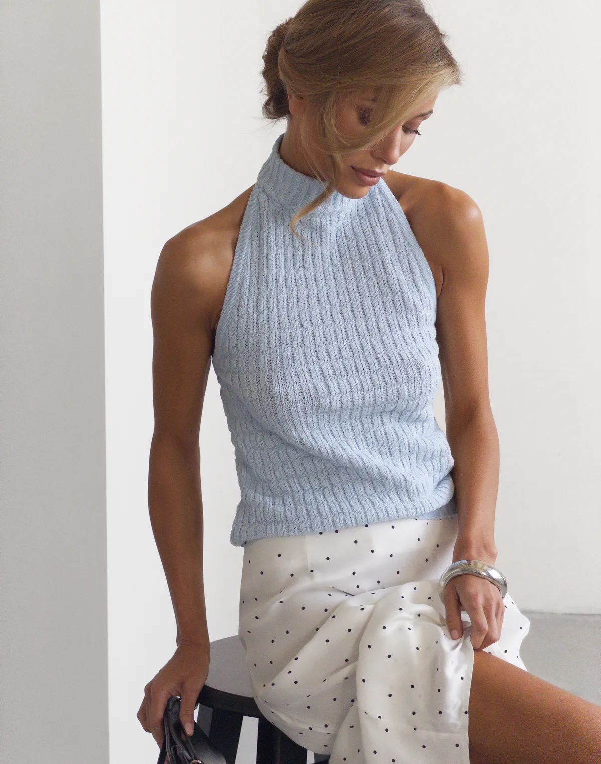 Топ під горло об'ємної в'язки, блакитний - Фото 4