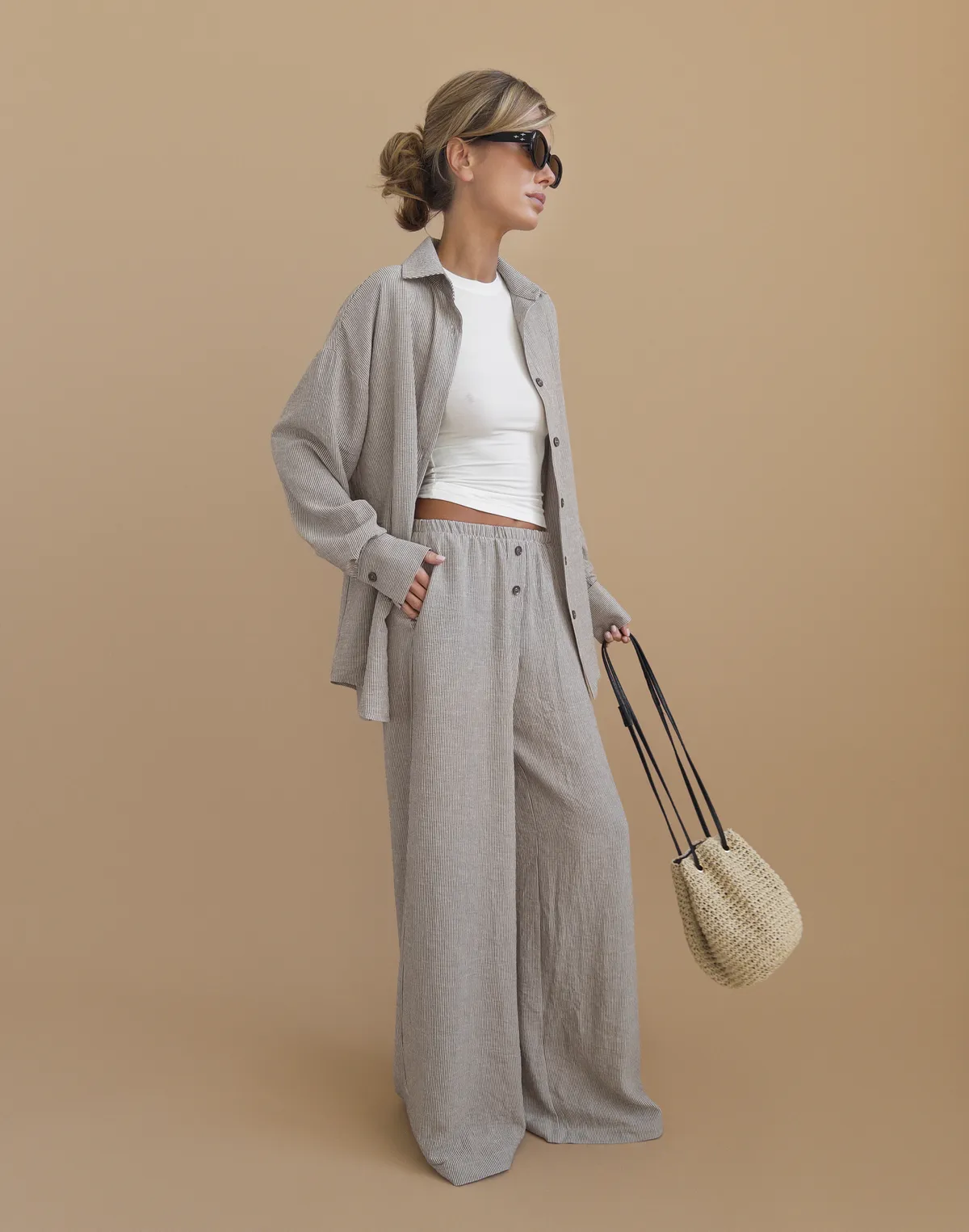 Штани із льняної тканини у смужку в піжамному стилі, какао - Фото 1