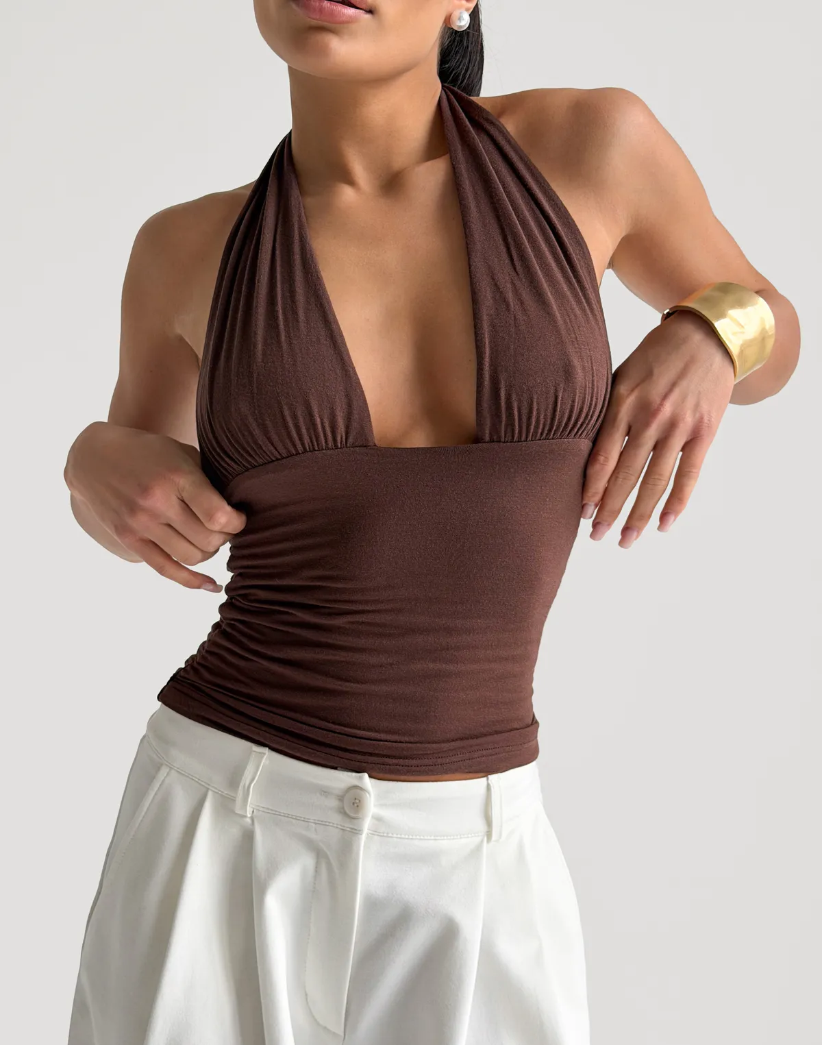 Топ з відкритим декольте з кашеміром у складі, шоколадний - Фото 8