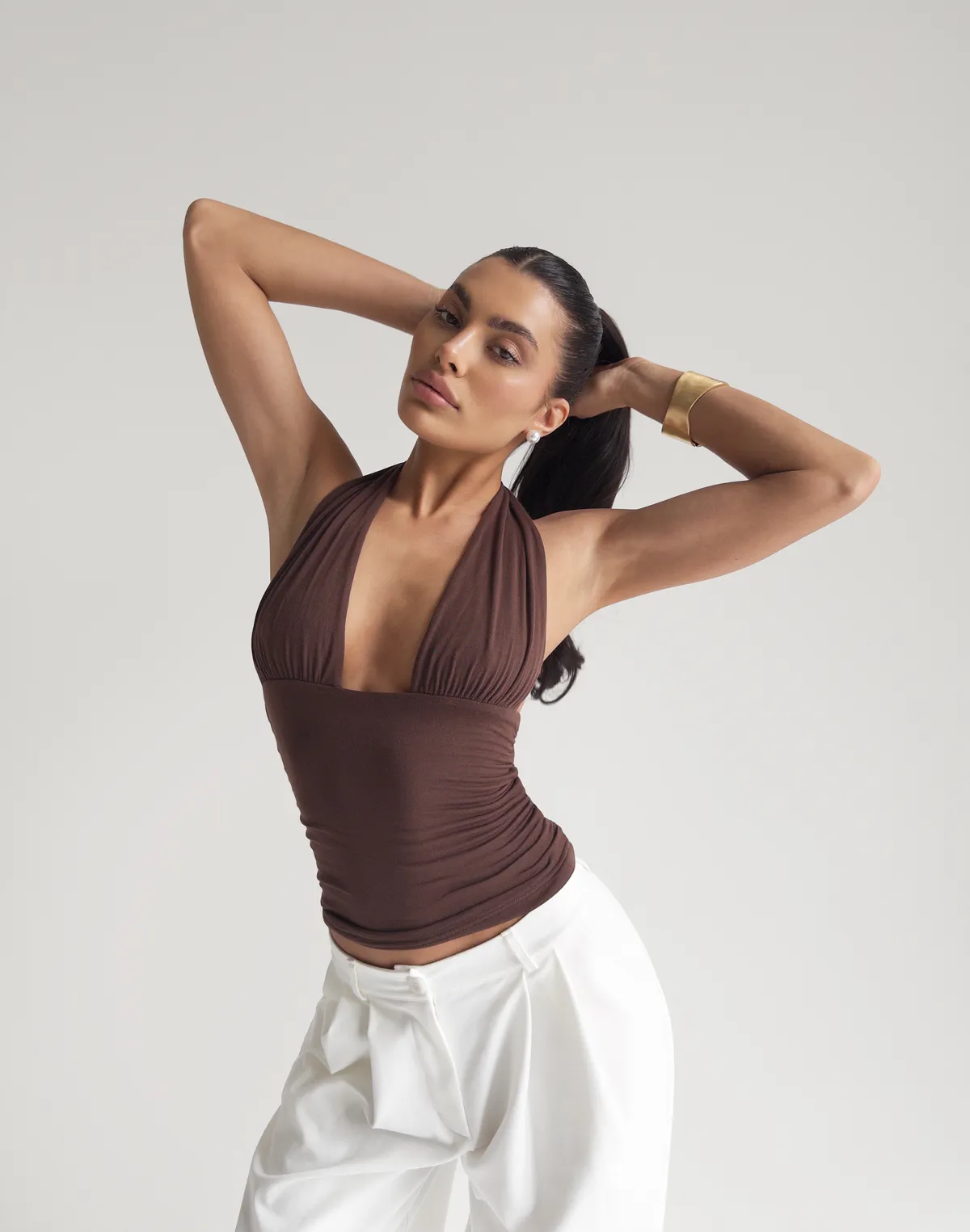 Топ з відкритим декольте з кашеміром у складі, шоколадний - Фото 1