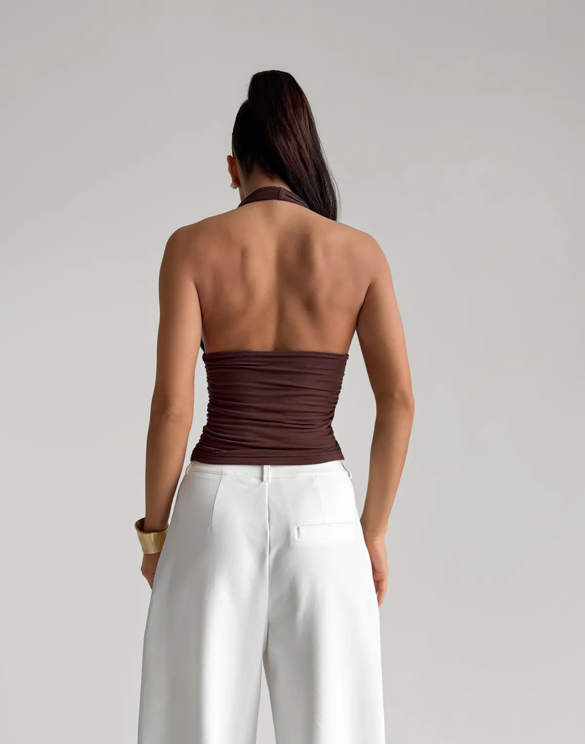 Топ з відкритим декольте з кашеміром у складі, шоколадний - Фото 2