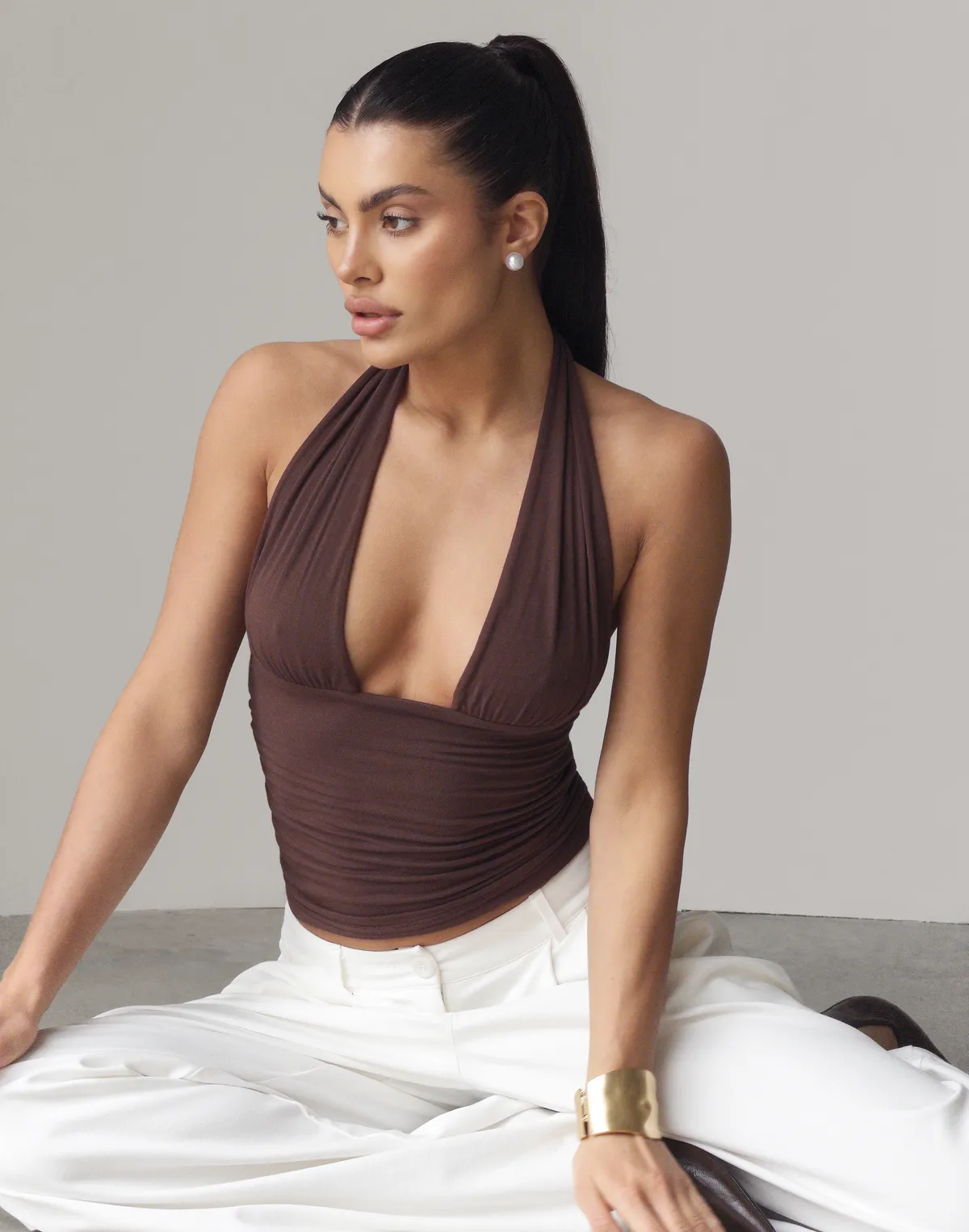 Топ з відкритим декольте з кашеміром у складі, шоколадний - Фото 5