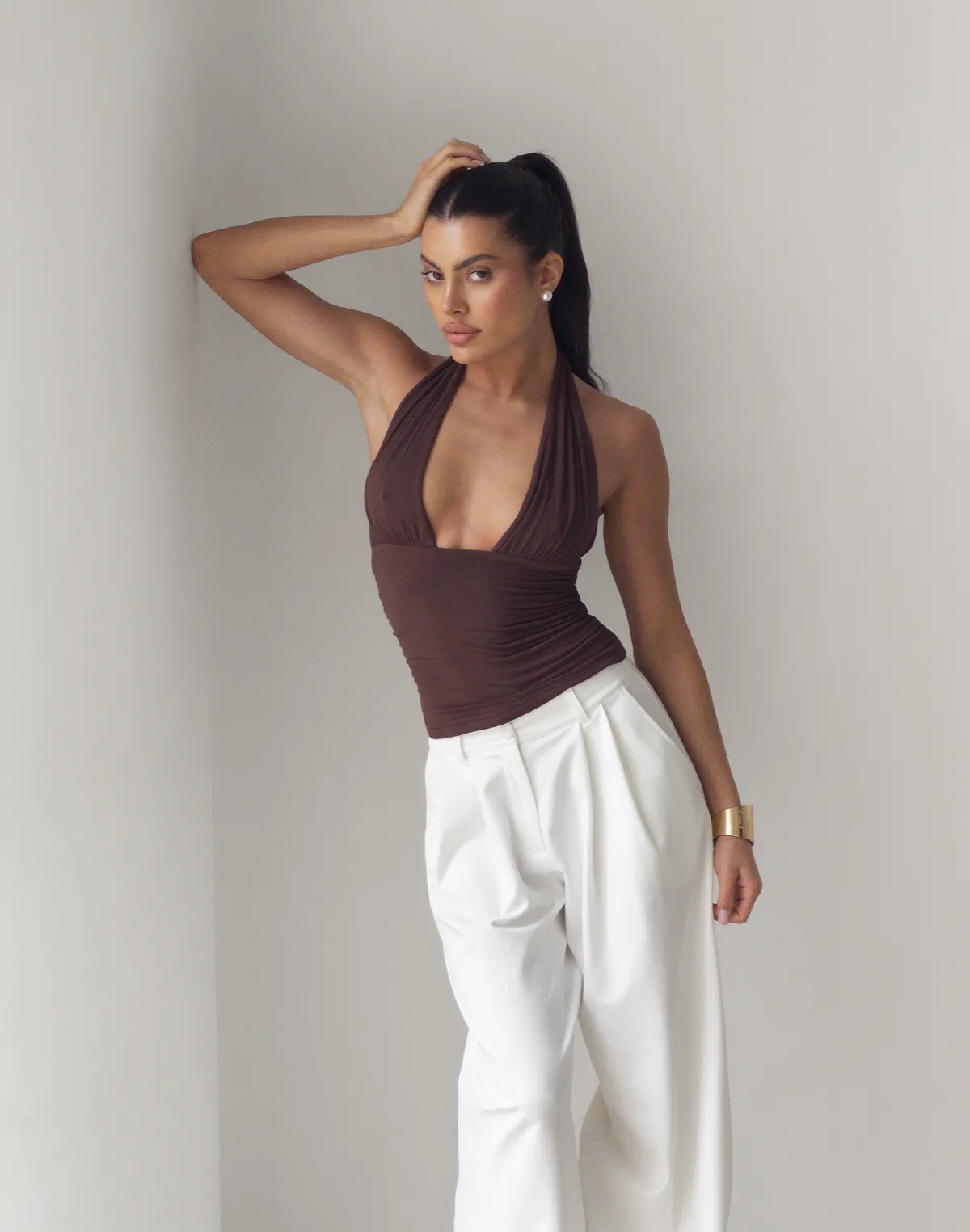 Топ з відкритим декольте з кашеміром у складі, шоколадний - Фото 4