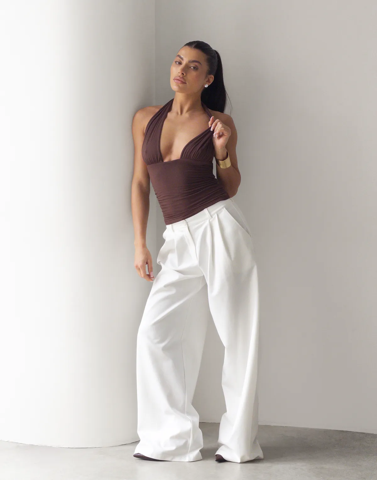 Топ з відкритим декольте з кашеміром у складі, шоколадний - Фото 3