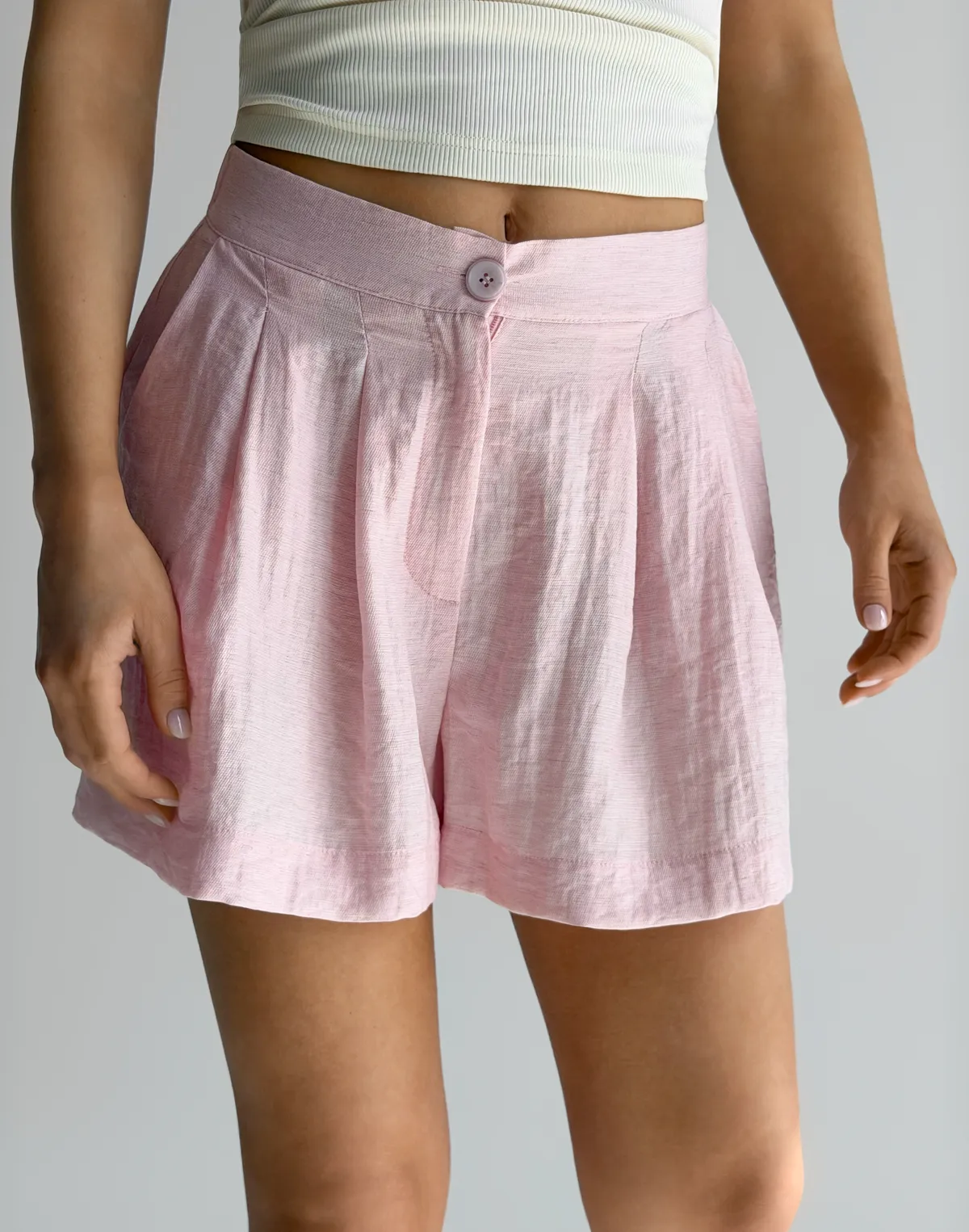 Шорти жіночі літні базові вкорочені зі льном у складі, рожеві - Фото 5