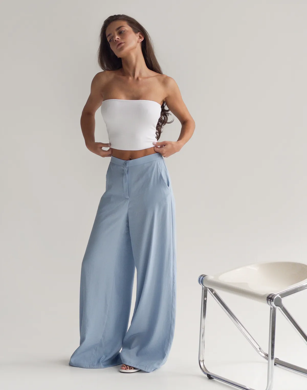 Штани літні текстильні на затяжках знизу, блакитні - Фото 1