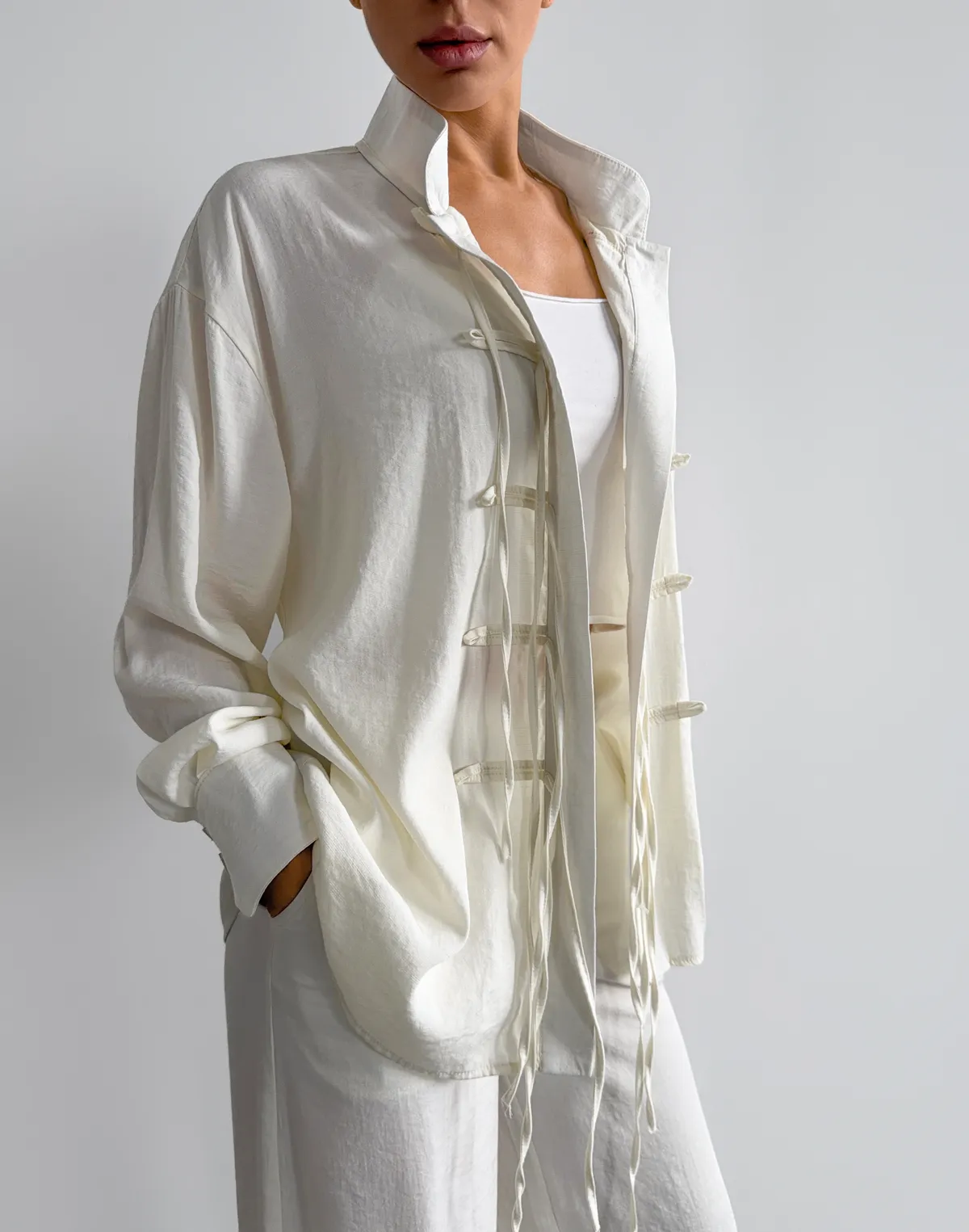 Сорочка в азійському стилі, молочна - Фото 6