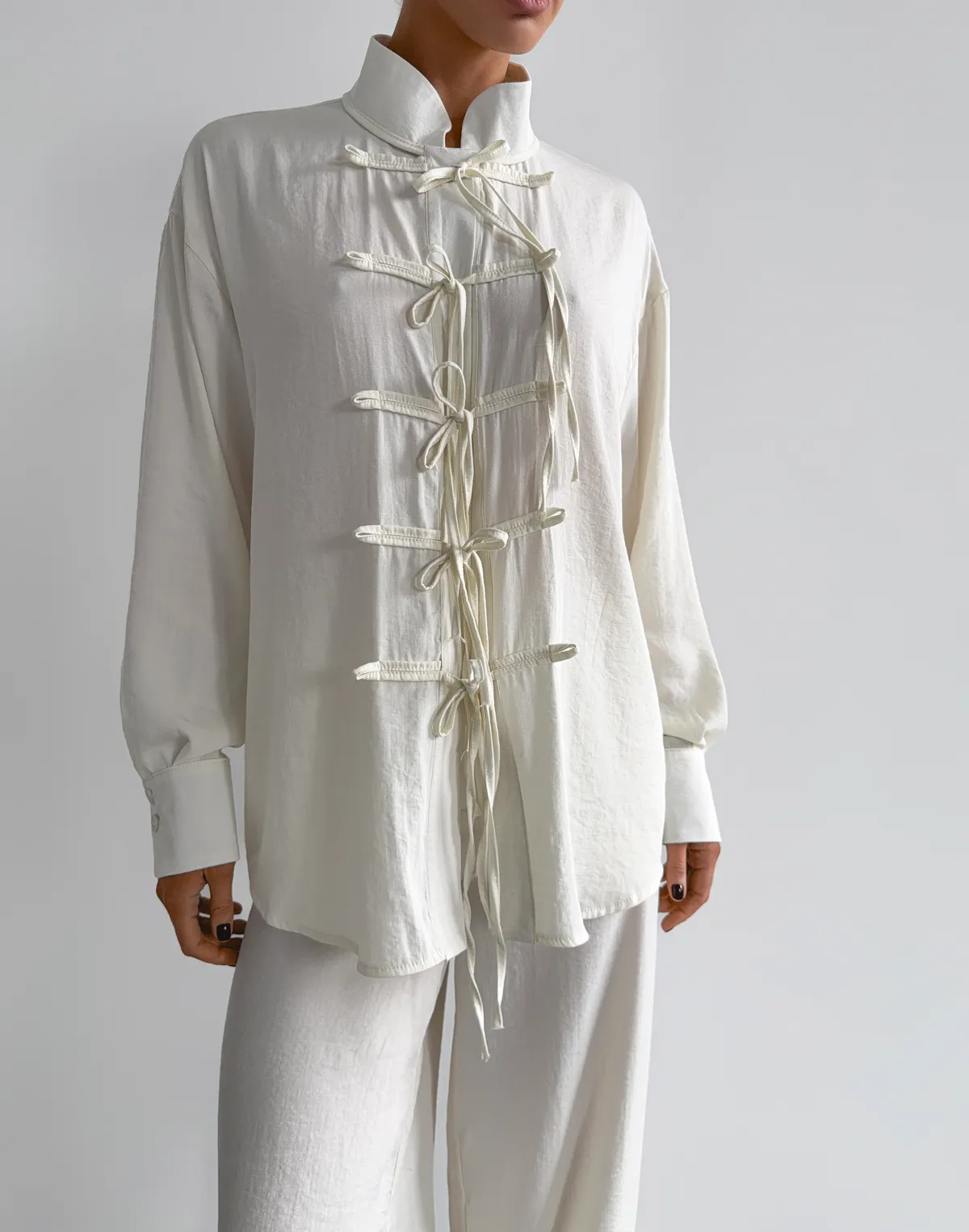 Сорочка в азійському стилі, молочна - Фото 5