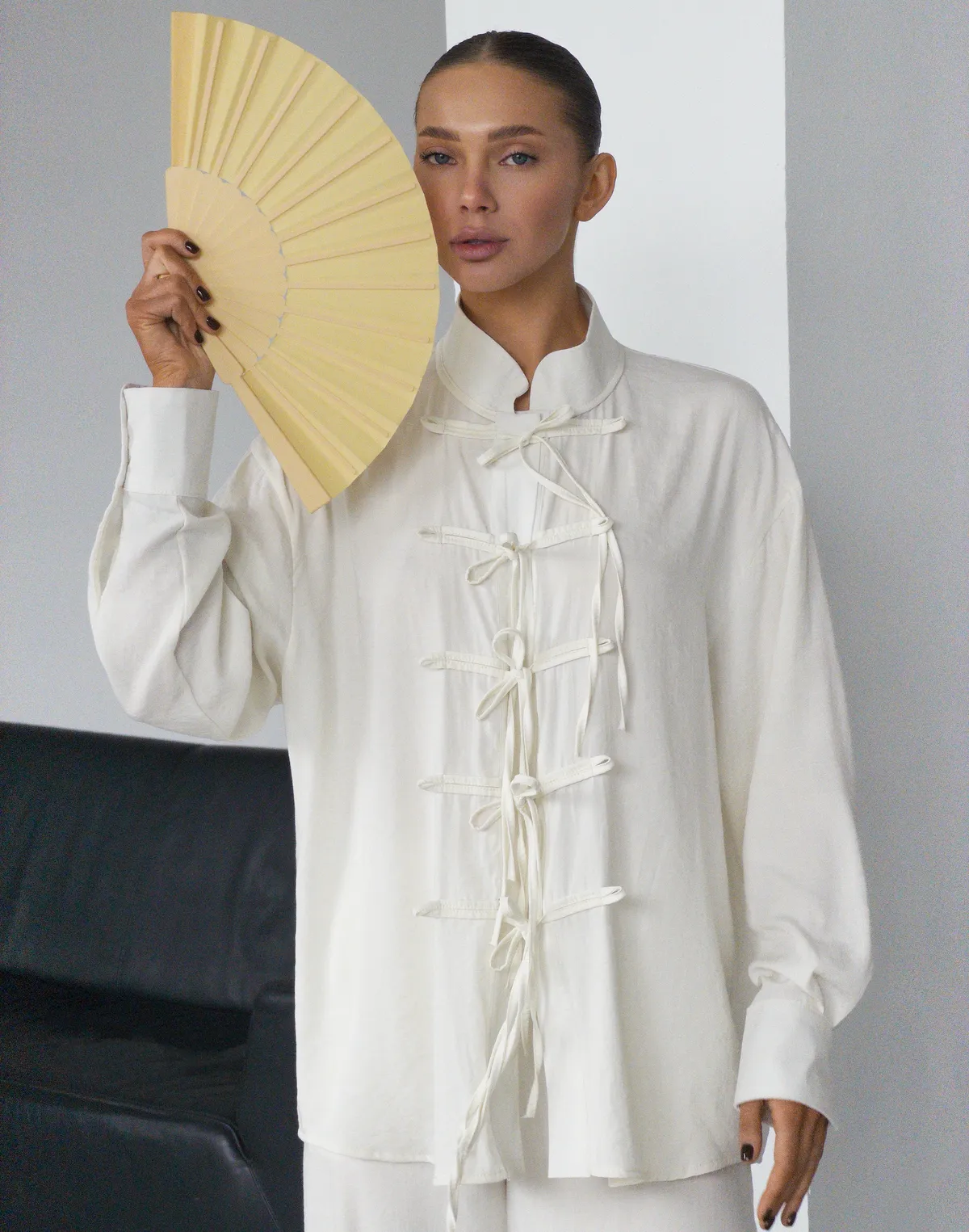 Сорочка в азійському стилі, молочна - Фото 3