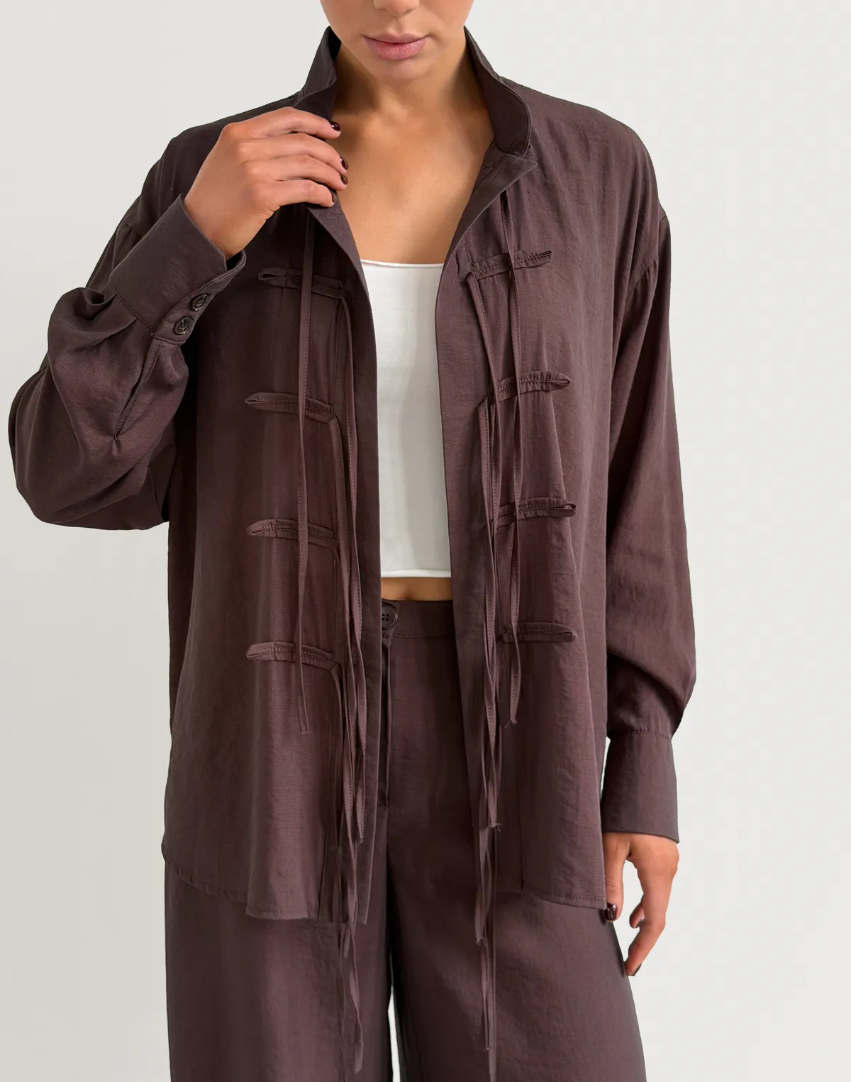 Сорочка в азійському стилі, шоколадна - Фото 4